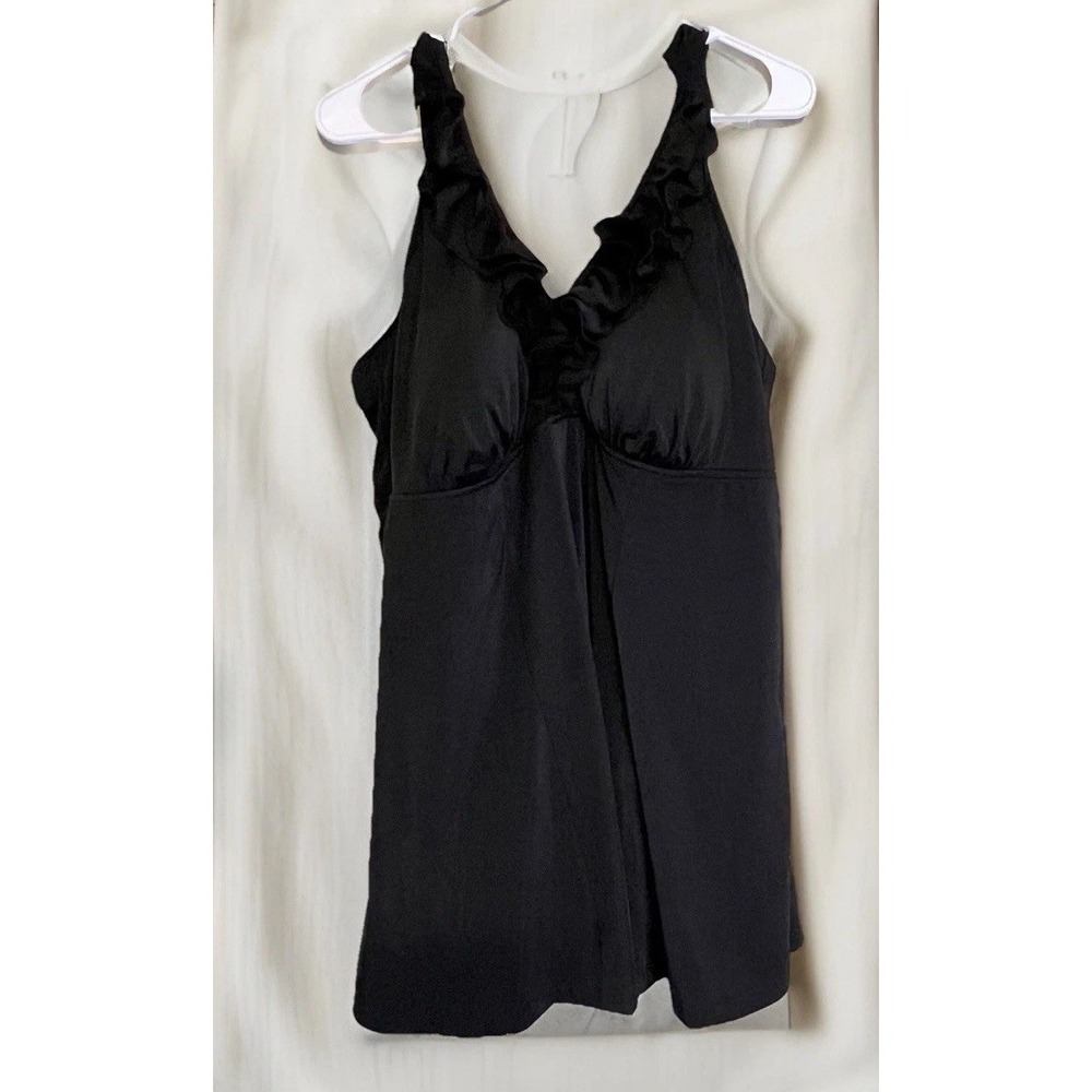 Black Ruffle V-Neck Swim Dress One Piece Swimsuit with Adjustable Straps